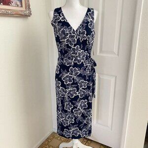 Lauren Ralph Lauren Sz 8 Printed Matte Jersey Faux Wrap Dress Lighthouse Navy